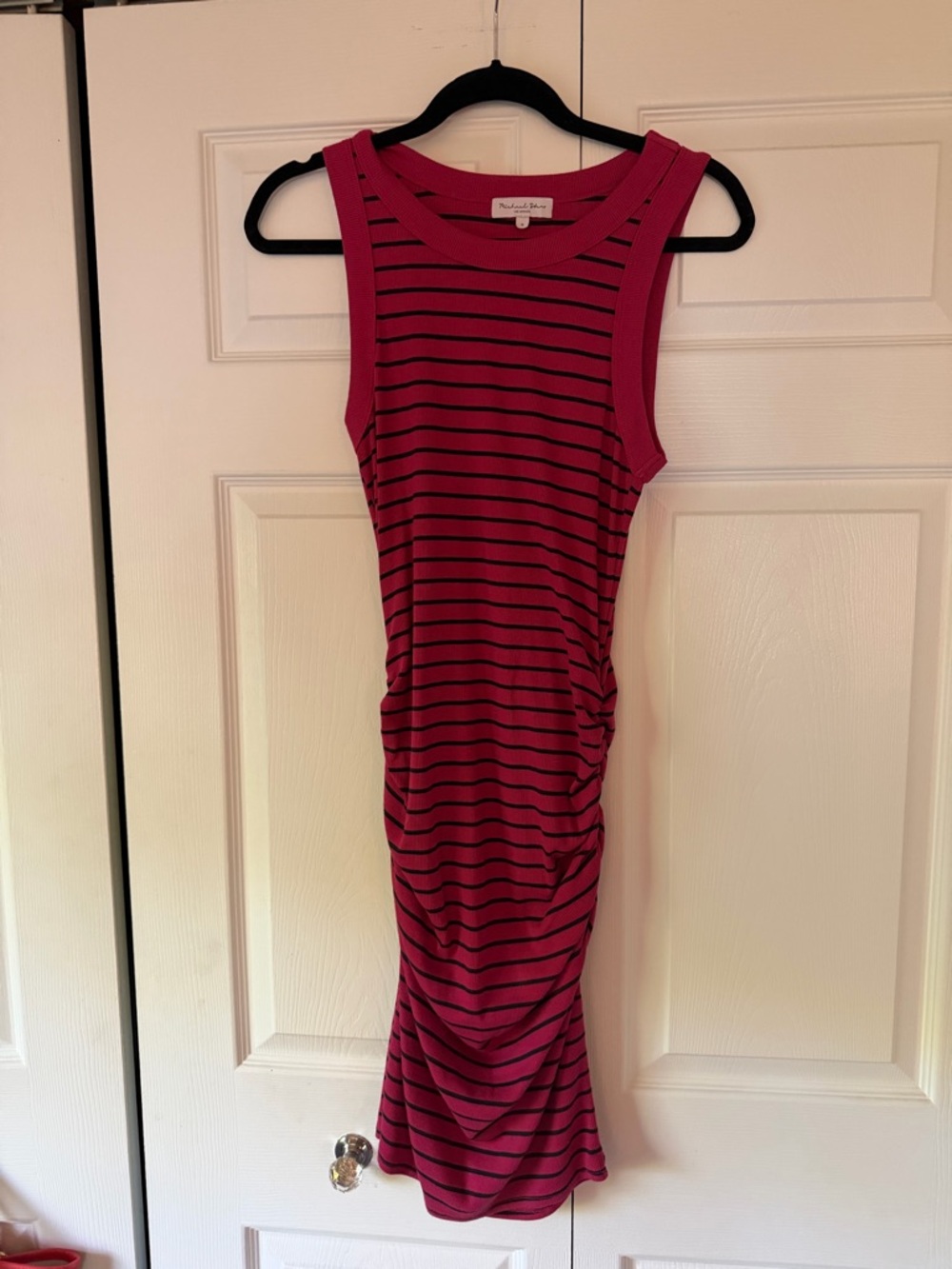 Michael Stars Fuchsia Pink & Black Striped Ruched Midi Dress